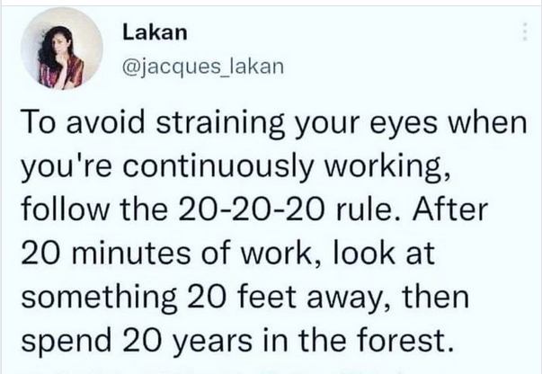 The meme is a humorous take on the common workplace instruction to "look away from your screen every 20 minutes and focus on something 20 feet away for 20 seconds." The meme exaggerates this instruction, suggesting that after 20 minutes of work, you should look away from your screen and focus on a tree that is 20 miles away, and then spend 20 years in the forest. The text is presented in a simple, playful tone, with no images or visual elements.
